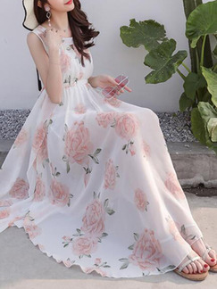 White Colorful Slim Printed Maxi Fit & Flare Floral Dress for Casual Party