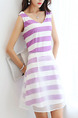 Purple and White Slim A-Line Stripe Mesh Above Knee Fit & Flare V Neck Plus Size Dress for Casual Party