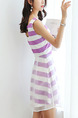 Purple and White Slim A-Line Stripe Mesh Above Knee Fit & Flare V Neck Plus Size Dress for Casual Party