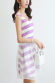 Purple and White Slim A-Line Stripe Mesh Above Knee Fit & Flare V Neck Plus Size Dress for Casual Party