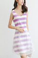 Purple and White Slim A-Line Stripe Mesh Above Knee Fit & Flare V Neck Plus Size Dress for Casual Party