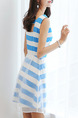 Blue and White Slim A-Line Stripe Mesh Above Knee Fit & Flare V Neck Plus Size Dress for Casual Party