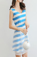 Blue and White Slim A-Line Stripe Mesh Above Knee Fit & Flare V Neck Plus Size Dress for Casual Party