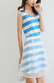 Blue and White Slim A-Line Stripe Mesh Above Knee Fit & Flare V Neck Plus Size Dress for Casual Party