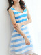 Blue and White Slim A-Line Stripe Mesh Above Knee Fit & Flare V Neck Plus Size Dress for Casual Party