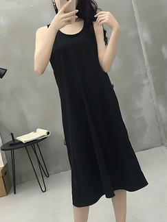 Black Loose Pure Color Midi Shift Dress for Casual Party
