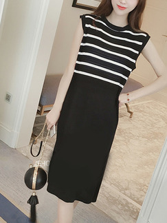 Black and White Loose Linking Stripe Midi Shift Dress for Casual Party