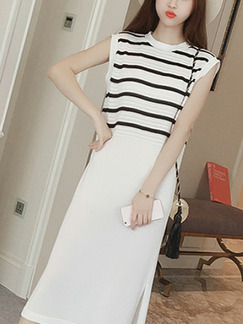White and Black Loose Linking Stripe Midi Shift Dress for Casual Party