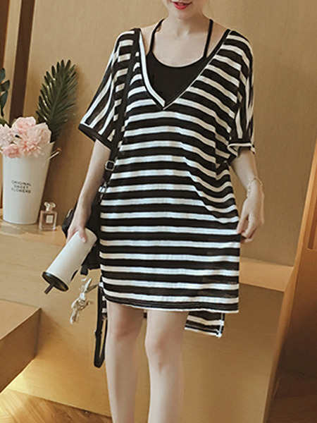 Black and White Loose Stripe Sling Two-Piece Plus Size Dress for Casual Party