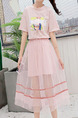 Pink Slim Pattern Mesh Two-Piece Midi Dress for Casual Party