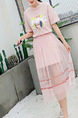 Pink Slim Pattern Mesh Two-Piece Midi Dress for Casual Party