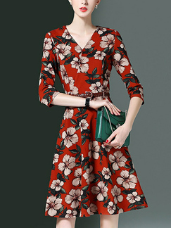 Red Colorful Slim Printed A-Line V Neck Pockets Floral Fit & Flare Dress for Casual Office Evening Party