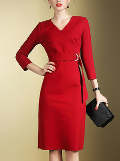 Red Plus Size Slim V Neck High Waist Over-Hip Sheath Knee Length Dress for Casual Office Evening