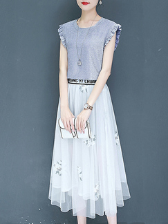 Gray and White Two-Piece Slim A-Line Round Neck Laced Cuff Letter Printed Waist Double Layer Midi Dress for Casual Party Evening