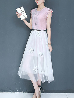 Pink and White Colorful Slim Bright Silk See-Through Two-Piece Midi Dress for Casual Party