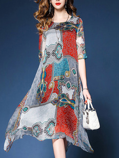 Colorful Loose Printed Midi Shift Dress for Casual Party