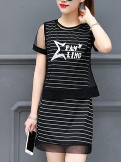 Black and White Slim Stripe See-Through Mesh Two-Piece Dress for Casual Party