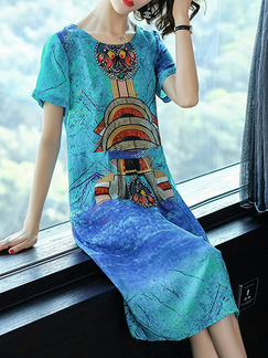 Blue Colorful Loose Printed Midi Shift Plus Size Dress for Casual Party