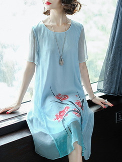 Blue Loose Located Printing Midi Shift Plus Size Dress for Casual Party