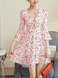 Pink and Red Plus Size Slim A-Line Printed V Neck Band Flare Sleeve Double Layer Above Knee Dress for Casual Party