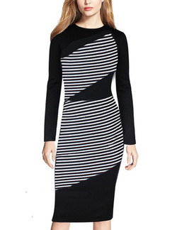 Black Bodycon Stripe Knee Long Sleeve Dress for Casual Party Office