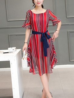 Red Stripe Loose Contrast Stripe Midi Fit & Flare Dress for Casual Party Office
