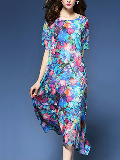 Colorful Loose Printed Midi Floral Plus Size Shift Dress for Casual Party