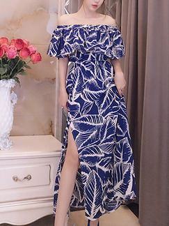 Blue and White Slim Printed Off-Shoulder Furcal Maxi Dress for Party Evening