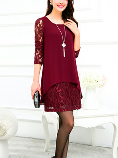 Wine Red Loose Linking Lace Above Knee Plus Size Dress for Casual Party Office