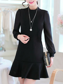 Black Slim Ruffle Above Knee Long Sleeve Shift Plus Size Dress for Casual Party Office