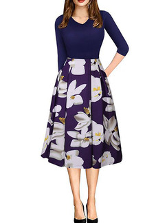 Blue Colorful Slim Linking Printed Midi Floral Fit & Flare V Neck Dress for Casual Party Evening