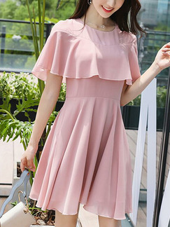 Pink Slim Cloak Pleated Above Knee Plus Size Fit & Flare Dress for Casual Party