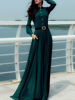 Dark Green Slim Buttons Maxi Long Sleeve Dress for Cocktail Party Evening