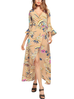 Colorful Slim Printed Furcal Maxi V Neck Plus Size Floral Dress for Casual Party Evening