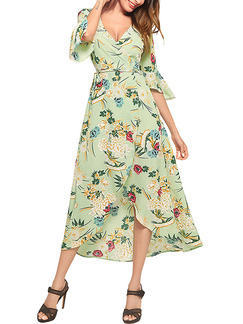 Green Colorful Slim Printed Furcal Maxi Floral V Neck Plus Size Dress for Casual Party Evening
