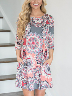 Colorful Loose Printed Pockets Above Knee Shift Dress for Casual Party