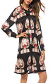 Black Colorful Loose Printed Single-Breasted Above Knee Shift Long Sleeve Dress for Casual Party