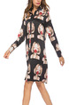 Black Colorful Loose Printed Single-Breasted Above Knee Shift Long Sleeve Dress for Casual Party