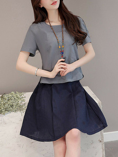 Gray and Navy Blue Loose Pleated Two-Piece Above Knee Dress for Casual Party