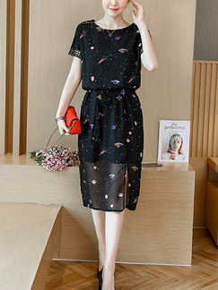 Black Colorful Loose Printed Midi Plus Size Dress for Casual Office Party