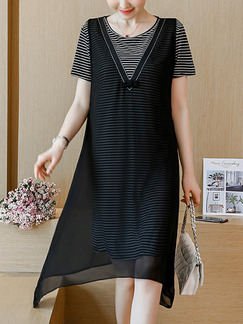 Black Loose Seem-Two Stripe Knee Length Shift Plus Size Dress for Casual Party Office