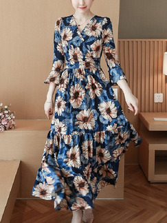 Colorful Slim Printed Ruffle Midi Floral Wrap V Neck  Dress for Casual Party Evening