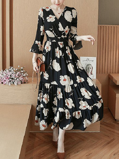 Colorful Slim Printed Ruffle Maxi Floral Wrap V Neck Dress for Casual Party Evening