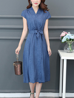 Navy Blue Slim Band Midi Wrap Plus Size V Neck Dress for Casual Office