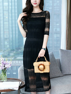Black Slim Cutout Over-Hip Midi Plus Size Lace Dress for Casual Office Party
