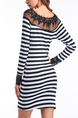 Black and White Bodycon Stripe Lace Above Knee Long Sleeve Dress for Party Evening Nightclub