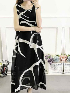 Black and White Loose Printed Maxi Shift Plus Size Dress for Casual