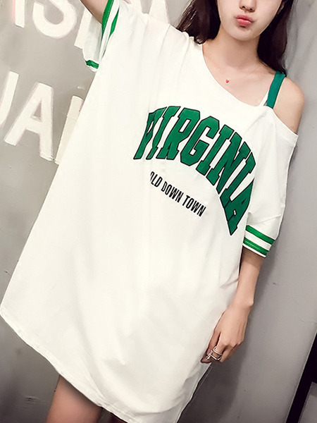 White and Green Loose Letter Inclined-Shoulder Above Knee Shift Dress for Casual