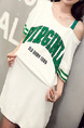 White and Green Loose Letter Inclined-Shoulder Above Knee Shift Dress for Casual
