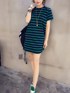 Navy Blue and Green Loose Stripe Above Knee Shift Plus Size Dress for Casual Party